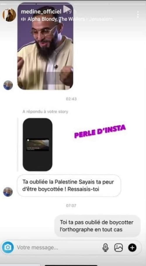 Médine termine un internaute l'accusant de ne pas soutenir la Palestine