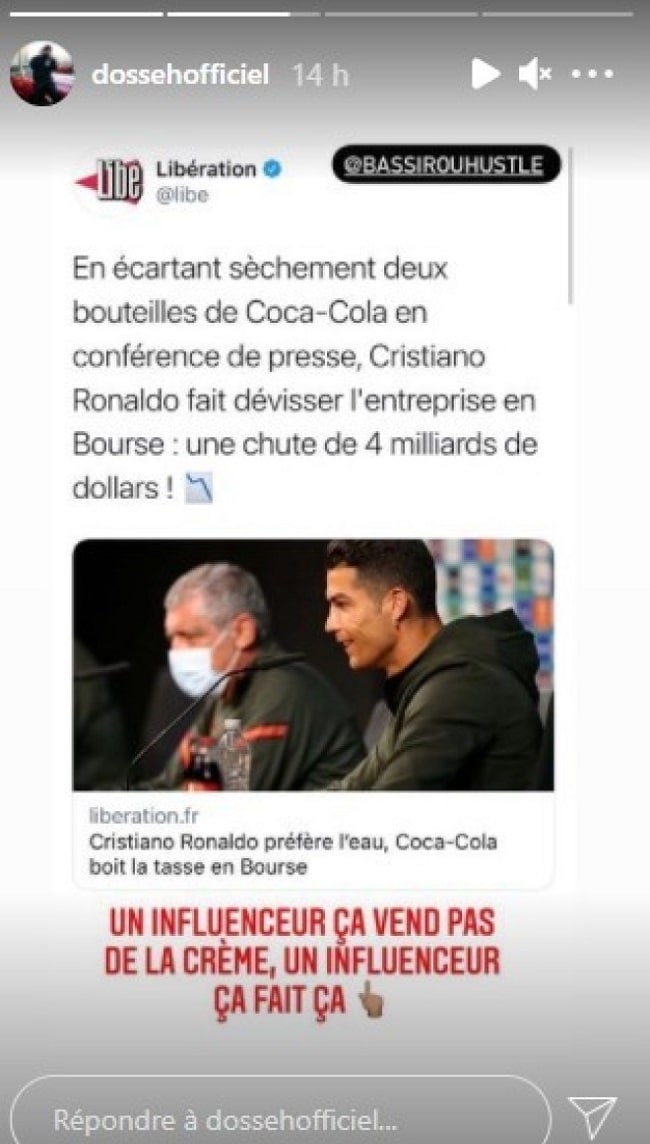 Dosseh réagit au geste Cristiano Ronaldo contre Coca-Cola en taclant les influenceurs