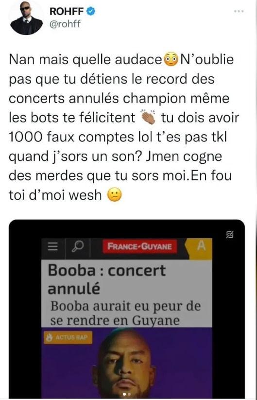 Booba taunts Rohff who cancels 9 out of 10 concerts, Housni replies 2