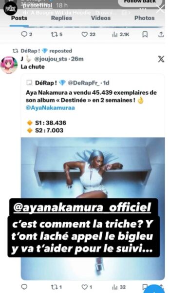 Booba ne lâche pas Aya Nakamura sur ses ventes et passe aux menaces 2